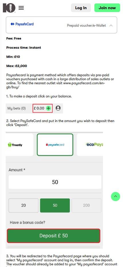 10bet paysafecard deposit screenshot betting uk