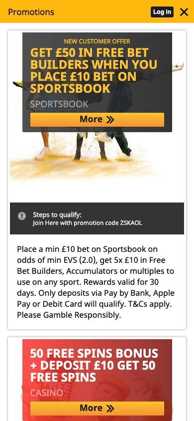 Betfair Promotions and Bonuses screenshot