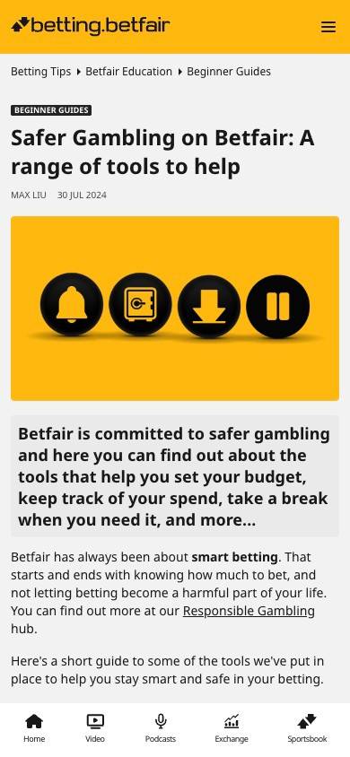 Betfair Responsible Gambling Management screenshot