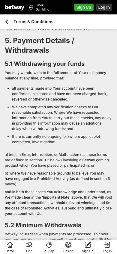 Betway Payment Methods screenshot