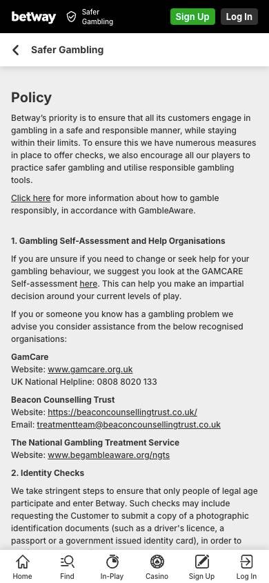 Betway Responsible Gambling Management screenshot