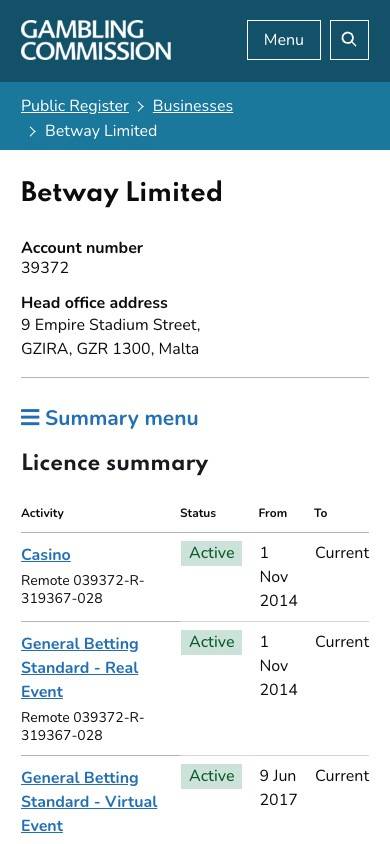 Betway Safety and Trustworthiness screenshot