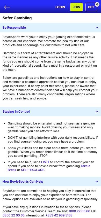 BoyleSports Responsible Gambling Management screenshot