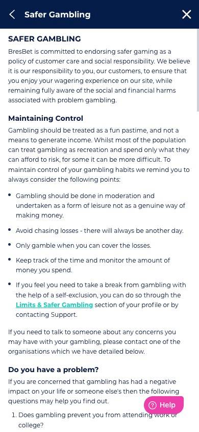 BresBet Responsible Gambling Management screenshot