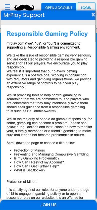 Mr Play Responsible Gambling Management screenshot