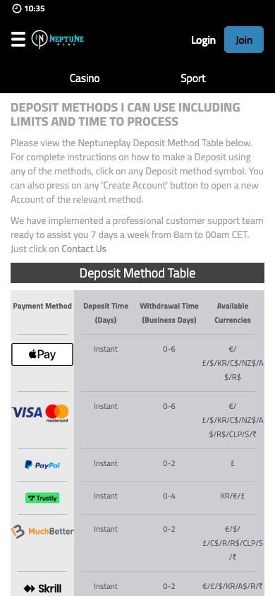 Neptune Play Payment Methods screenshot