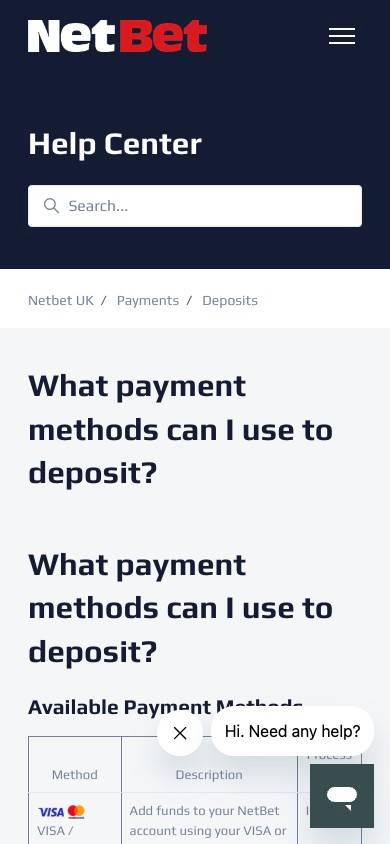 NetBet Payment Methods screenshot