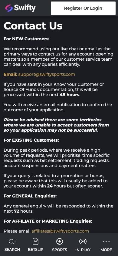 Swifty Sports Customer Service screenshot