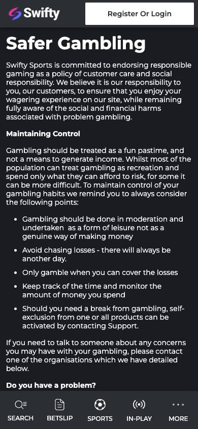 Swifty Sports Responsible Gambling Management screenshot