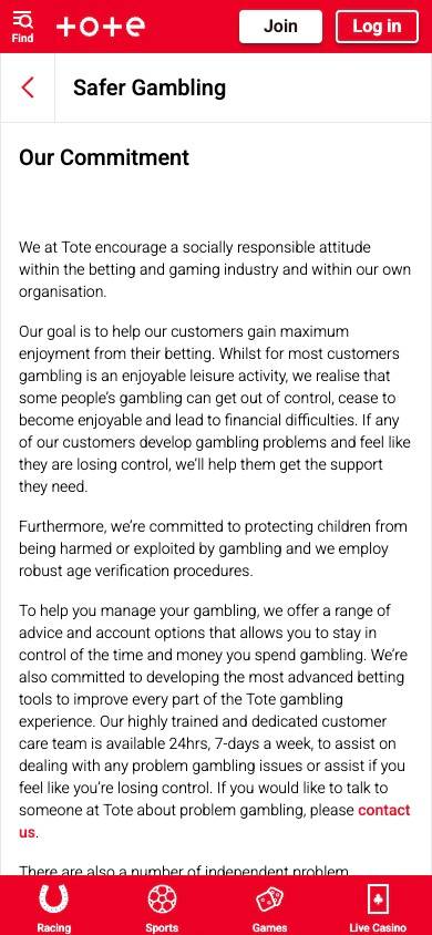 Tote Responsible Gambling Management screenshot