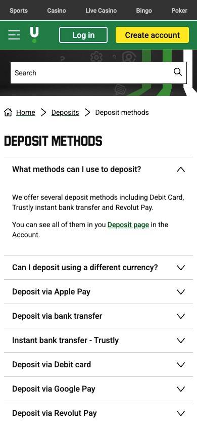 Unibet Payment Methods screenshot