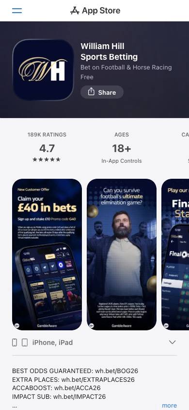 William Hill App and Mobile Friendliness screenshot