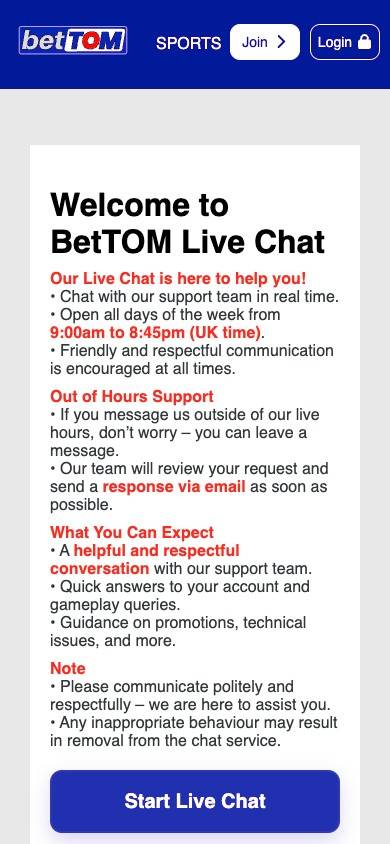 BetTOM Customer Service screenshot