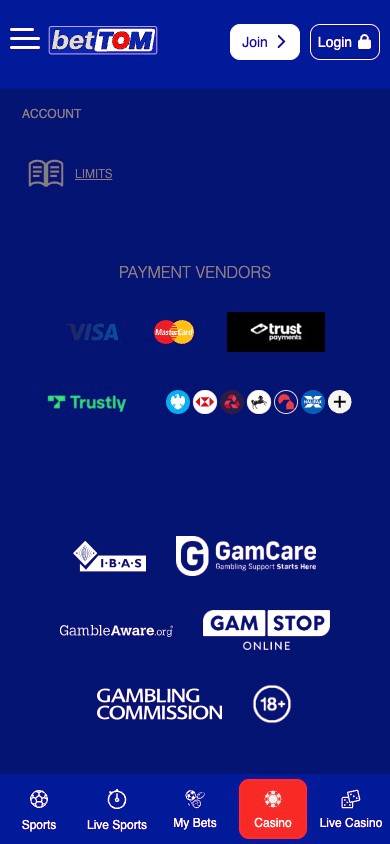 BetTOM Payment Methods screenshot