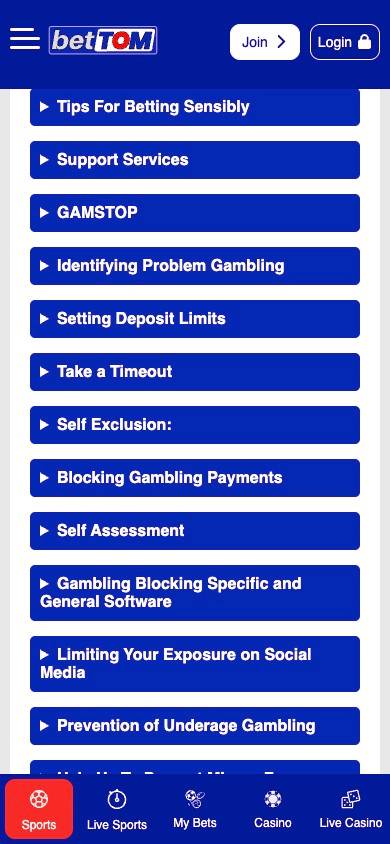BetTOM Responsible Gambling Management screenshot