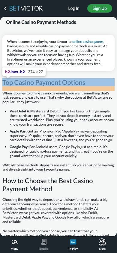 BetVictor Payment Methods screenshot