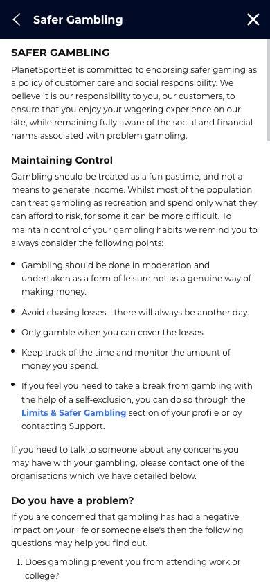 Planet Sport Bet Responsible Gambling Management screenshot